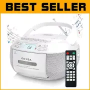 Bluetooth CD Player Boombox with Cassette, FM Radio & Remote Control – White