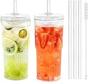 ETKXRYJWP 2 Pack 20oz Glass Cups with Lids and Straws, Mason Jar Drinking Glasses Iced Coffee Cup, Glass Tumbler Smoothie Cup for Long Drinks