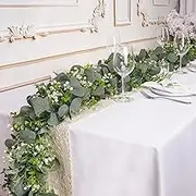 YOUNGLEAVES 2 Pcs Eucalyptus Garland with White Flowers,5.9FT Artificial Greenery Garland Fake Vines Green Garlands for Wedding Centerpiece Table Party Indoor Outdoor Wall Decor