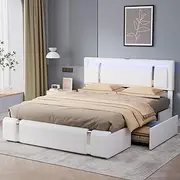Levede Double Bed Frame,Bed Frame with Adjustable Headboard, PU Leather Upholstered,RGB LED Lights,2 Drawers Metal Platform Storage,USB Ports Charge, Easy Assembly, Heavy Duty, White