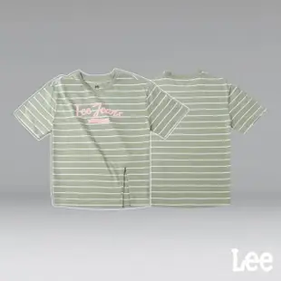 【Lee 官方旗艦】女裝 短袖T恤 / 條紋 Lee jeans 左前開岔設計 灰湖綠(LL220207152)