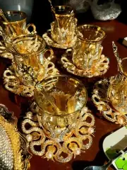 Turkish Coffee Tee Mug Cup Glass Set w Saucers Holders Spoons Crystal Pearls 6PK