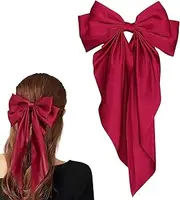 Red Hair Bow Hair Clip, Big French Red Bow Hairpins Bowknot Hairpin French Hair Clips with Long Ribbon Solid Color Hair Bow Clips Red Bows for Hair Barrettes Soft Silky Satin Red Hair Bow for Women
