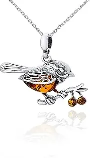 [AMBEDORA] Women's Necklace 925 Silver Oxidised Baltic Amber Cognac Colour Amber Sparrows Pendant on Chain Anchor Work Ready Gift Set, Sterling Silver, Amber