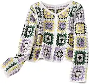 [Oxtxuzdm] Women Autumn Long Sleeve Crochet Cardigan Ethnic Hollow Knit Colorful Geometric Pattern Button Down Sweater Coat For Jac