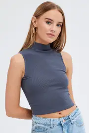 Grey Tank Top Sleeveless High neck Seamless - Size M, Women's Tank