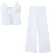 [Generic] Women's Suit High Waisted Wide Leg Pants Set Bowknot Suspenders Top Two Piece