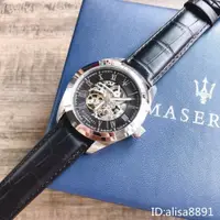 在飛比找iOPEN Mall優惠-MASERAT瑪莎拉蒂手錶大直徑黑色皮帶錶 鏤空全自動機械錶