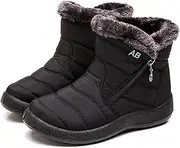 [ZHFF] Womens Winter Snow Boots Fur Lined Warm Ankle Boots Side Zipper Lightweight Outdoor Flat Walking Shoes Non-Slip Girls Ladies Booties Black