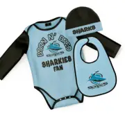 NRL Cronulla Sharks Baby Bodysuit, Bib & Beanie Set - Sizes 000 - 1