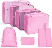 7 Set Packing Cubes Travel Cubes for Suitcases Lightweight Luggage Packing Orginzers for Travel Acessories,Pink