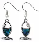Aqua79 Christian Fish Earrings Jewelry - Hook Earrings with Blue Paua Shell