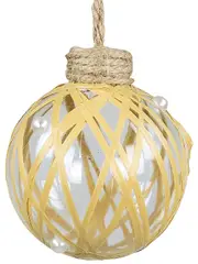 Clear Christmas Bauble Decorated With Raffia Look String & Pearl Beads - 80mm