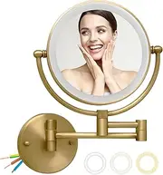 Wall Mounted Makeup Mirror with Light and Magnification, 7W Higher Brightness and Dimmable 1X/10X Double Sided Wall Magnified Mirror, Extending Vanity Mirror for Bathroom, Antique Brass Direct Wire