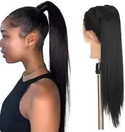 Clip in Ponytail Extension Wrap Around Long Straight Hair Extension 24 Inch Synthetic Hairpiece (Black)