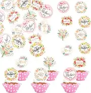 60 Pack Edible Happy Mother's Day Cupcake Toppers Love Mother Flower Cake Toppers Rice Paper Wafer Paper Cupcake Picks for Best Mom #1 Mom Baby Shower Kids Birthday Cupcake Decorations Style 1