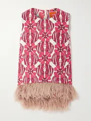 [La DoubleJ] La DoubleJ - Icon La Scala Feather-trimmed Printed Stretch-cotton Tweed Top - Red - x small x small Red