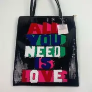 Rozebud Black sequins Knit Tote Bag All You Need Is Love pockets NWT