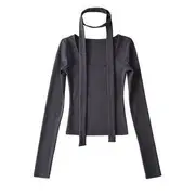 Set: Long-Sleeve Scoop Neck Plain Top + Thin Scarf Dark Gray - S