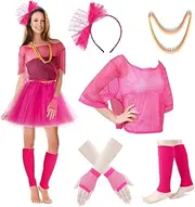 SlowTon 80s Costumes Accessories for Women - 1980s Costume Set with Fishnet T-shirt Gloves Headband Earrings Necklace Leg Warmers for Women Girls Kids, 5 Pcs