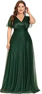 [Ever-Pretty Plus] Women's Plus Size V-Neck Long Shimmery Flutter Sleeve Pleated Evening Dress 50159, Dark Green, 35