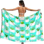 [RPLIFE] Cute Cacti Succulents White Geometric Pots Bathing Suit Sarong Wrap Fringe Beach Sarong Coverups for Women, Large, Cute Cacti Succulents White Geometric Pots, Medium