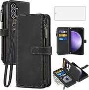 [Asuwish] Phone Case for Samsung Galaxy S23 FE 5G Wallet Cover with Tempered Glass Screen Protector and Leather Flip Credit Card Holder Stand Lanyard Cell Accessories S 23 EF S23FE 23S Women Men Black