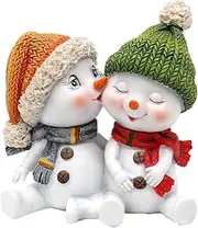 Dekohelden24 Pair of Snow Children with Hat and Scarf in Red, Grey, Orange, Green, L/W/H 10.7 x 7.3 x 10.8 cm, Kiss, 11 cm
