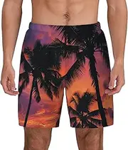 [Sipumia] Mens Coconut Trees Printed Swim Trunks with Compression Liner Quick Dry 2 in 1 Board Shorts with Pockets