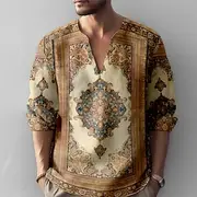 Men's Vintage Shirt Button Up Shirt Long Sleeve Fashion Streetwear Designer Outdoor Casual Daily Summer Spring Fall Stand Collar Print Blue-Green Blue Green Kh