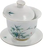 OFFSCH 1 Set Large Hand Painted Ceramic Covered Bowl Japanese Style Tea Cup for Home Office for Oolong Tea Elegant Design with Dust Preventing Lid