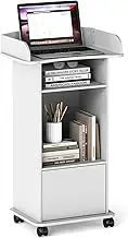 Podium Stand Portable,Mobile Pulpit Podium with Lockable Wheels,Wooden Hostess Stand Reception Desk with Adjustable Shelf and Storage Cabinet for Churches Conference School
