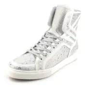 FI-2402 White Suede Clear Rhinestones High Top Sneaker Encore by Fiesso