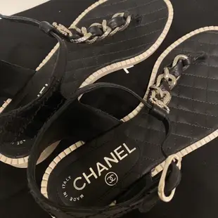 Chanel 香奈兒 銀鍊 一字夾腳涼鞋 黑色 #36.5
