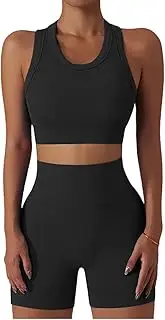 [ABOCIW] Workout Sets for Women 2 Piece Seamless Ribbed Tank Top Sport Bra High Waist Biker Shorts GYM Yoga Exercise Outfits