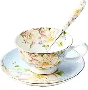 (Blue Rose) - Vintage Fine Bone China Tea Cup Spoon and Saucer Set Gold Trim Fine Dining and Table Decor (Blue Rose)