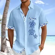 Men's Shirt Linen Shirt Summer Shirt Beach Shirt Button Up Shirt Floral Casual Holiday White Pink Navy Blue Sky Blue Short Sleeves Turndown Summer Clothing App