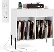 Giantex Record Player Stand w/ Power Outlets, Double Wide Turntable Stand w/ Drawers & Compartments, Vinyl Record Storage Table w/ Metal Legs, Turntable Display Shelf for Living Room, Bedroom (White)