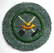 Vintage Girl Scout 1947 FARMER BADGE Food Raiser Pitchfork Rake Patch WHITE BACK