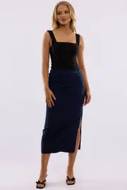 Blue Gathered Midi Skirt High Rise Bengaline Split - Size 14L, Women's Midi Skirt