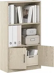 Furinno Gruen 3-Tier Open Shelf Bookcase with 2 Doors Storage Cabinet, Metropolitan Pine