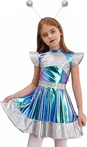 [Fldy] 2Pcs Girls Alien Costume Cap Sleeve Astronauts Dress Festival Halloween Outer Space Outfit