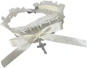 Maxtonser Lace Ruffle Choker Necklace Bowknot Crosses Pendant Collar Neckwear Halloween Costume Jewelry for Women White