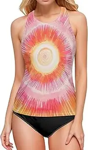 [Joitme] Whimsical Fox Forest Green Womens Tankini Swim Tops, Small Women Tankini Tops Only, Women's Swim Tops with Built in Bra