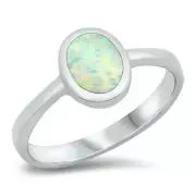 Oval Ring Genuine Sterling Silver 925 White Lab Opal Face Height 9.5 mm Size 6