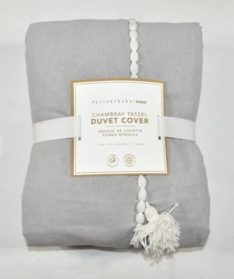 Pottery Barn Teen Chambray Tassel Twin Duvet Cover Light Gray White NEW Cotton