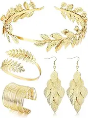 [Kakonia] Grecian Goddess Costume Accessories Set for Women Leaf Headband Coil Upper Arm Bracelet Dangle Earrings for Wedding Toga Party