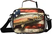 Trout American Flag Insulated Lunch Box for Women Men - Ideal for Work, Picnics - Includes Adjustable Shoulder Strap