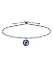 Aqua Cubic Zirconia Evil Eye Charm Cultured Freshwater Pearl Beaded Slider Bracelet in Sterling Silver - Exclusive