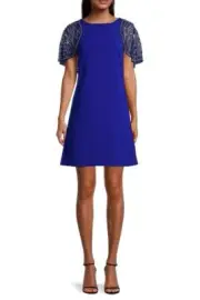Aidan Mattox Boat Neck Embellished Mesh Cape Keyhole Back Button Closure Scuba